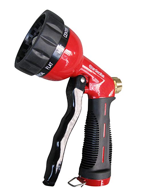 Garden Hose Nozzle / Hand Sprayer - Heavy Duty 10 Pattern Metal Watering Nozzle - High Pressure - Pistol Grip Front Trigger - Flow Control Setting Knob - Suitable for Car Wash, Cleaning, Watering Lawn and Garden - Ideal for Washing Dogs & Pets