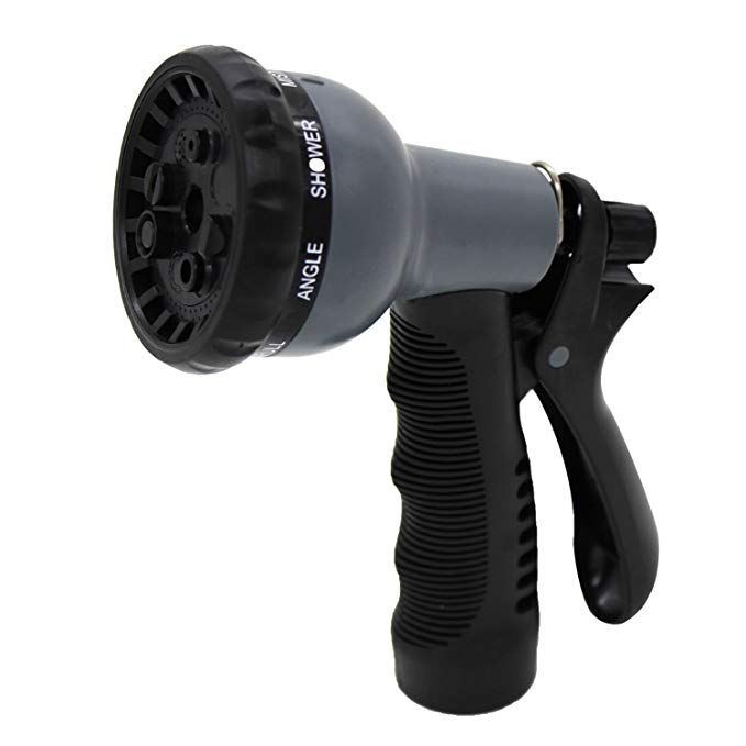 GLOUE Garden Hose Nozzle 8-Pattern Plastic Sprayer Rubberized Handle (Grey)