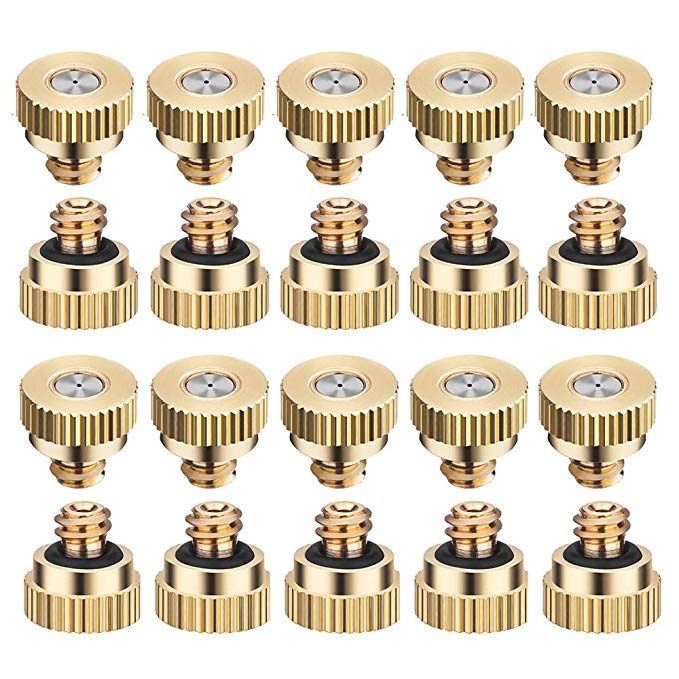 20 Pack Brass Misting Nozzles Tees, Brass Spray Nozzles for Greenhouse Landscaping, Dust Control Mist Nozzle Sprinkler for Outdoor Cooling System 0.012 Orifice (0.3 mm) 10/24 UNC Garden