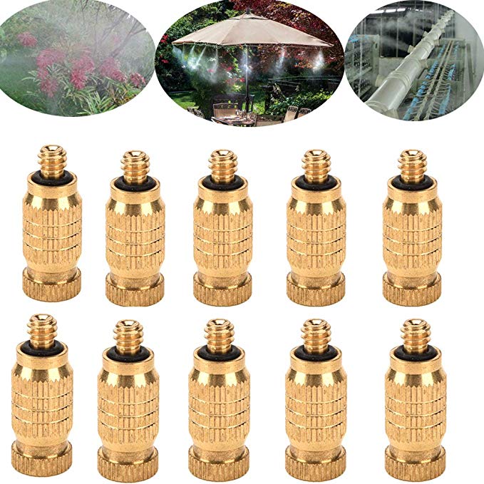 10 Pcs Brass Misting Nozzles High Pressure Atomizing Misting Sprayer Low Pressure Water Hose Nozzle for Greenhouse,Landscaping,Dust Control,Outdoor Cooling System,0.02