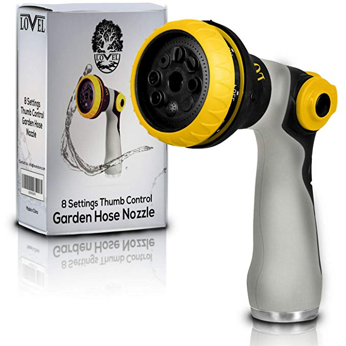 Garden Hose Nozzle – 8 Pattern Powerful Streams,12 Months Warranty, Metal Thread Watering Nozzle. All New 2018 Hand Sprayer – Adjustable Thumb Flow Control – Perfect for Watering Lawn, Cleaning, Ca