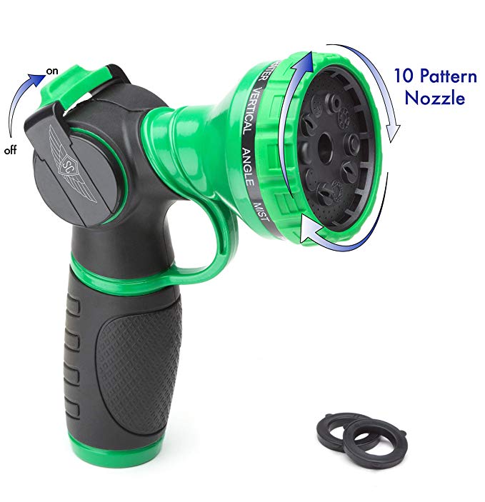 SC Water Metal Garden Hose Nozzle Anti Leak Heavy Duty 10 Pattern Anti Rust No Squeeze Sprayer High Pressure Attachment Car Wash Pet Shower Watering Plants + 1 Year Manufacturing Warranty