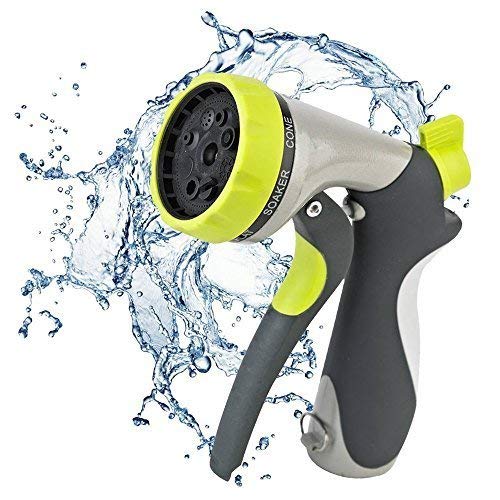 Garden Hose Nozzle By Gardeniar - Front Trigger - 8 Different Spray Settings - Heavy Duty Metal Construction - Flow Control Setting Knob- Ideal for Cleaning, Watering Plants and Garden or Automotive Car Wash Use - The Best Garden Nozzle around!