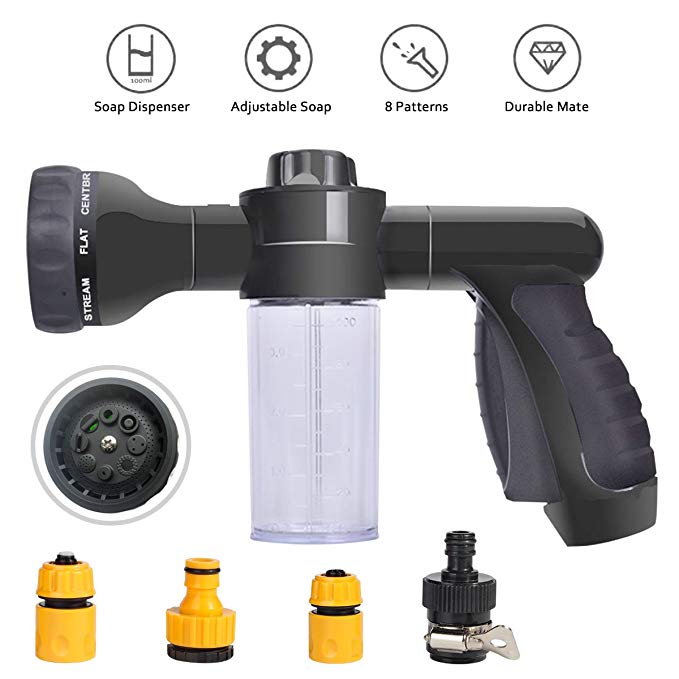 UDGTEE Adjustable Foam Sprayer, Car Foam Sprayer+4 Adapter with 8 Water Patterns for Cars Washing,Pets Shower, Plants Watering with 3.5oz/100cc Bottle,Garden Hose Nozzle Sprayer