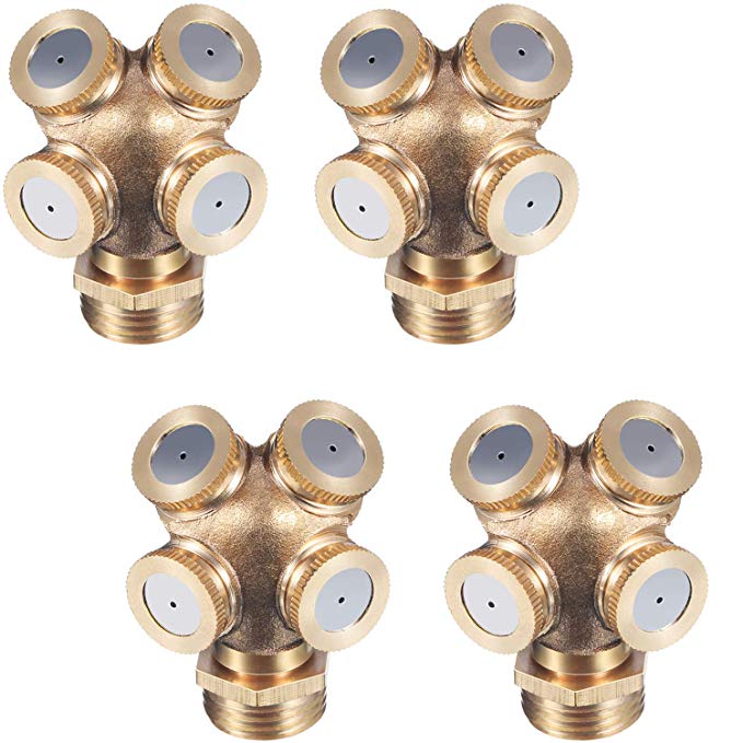 Hestya 4 Pack 4 Holes Brass Misting Nozzles Brass Spray Nozzles for Garden Irrigation Sprinklers Outdoor Cooling Systems, 1/4 Inch