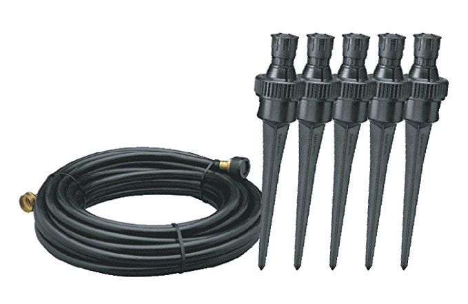 Nelson 50180 Simple Soaker Flower Watering Sprinkler with 50-Foot Tubing, Five Nozzles with Plastic Spikes, Risers, End Plug Set, and Deflectors