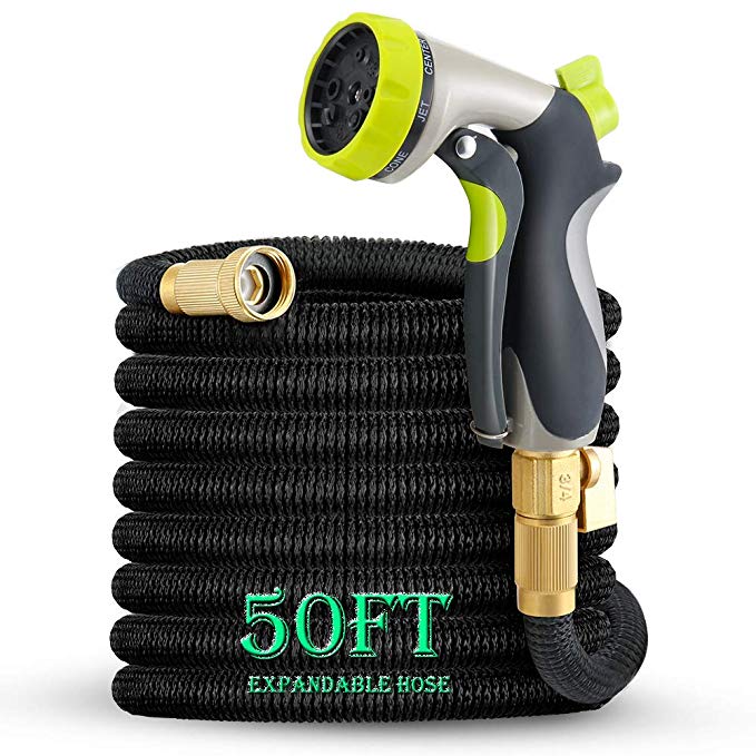 50ft Garden Hose, TOONOON All New Expandable Water Hose Set with Double Latex Core,3/4 Solid Brass Fittings, Extra Strength Fabric, Flexible Expanding Hose with 8 Function Spray Nozzles, Free Carrying