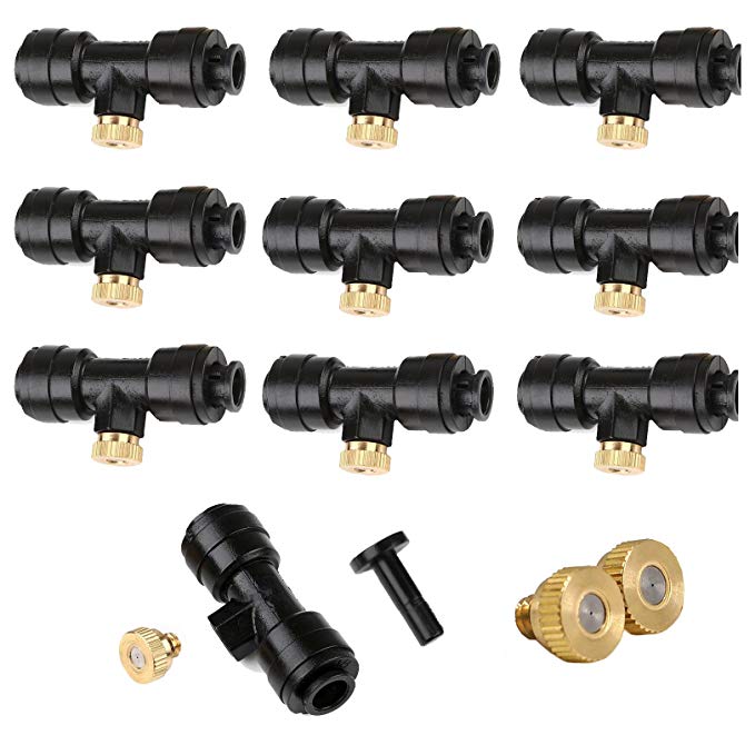 Yotako Misting Nozzles Kit 12x Brass Mister Nozzles 0.3mm 10/24 UNC+ 10x 1/4'' Slip-Lok Misting Nozzle Tees+ 1x Plug, Fog Nozzles for Patio Misting System Outdoor Cooling System Garden Water Mister